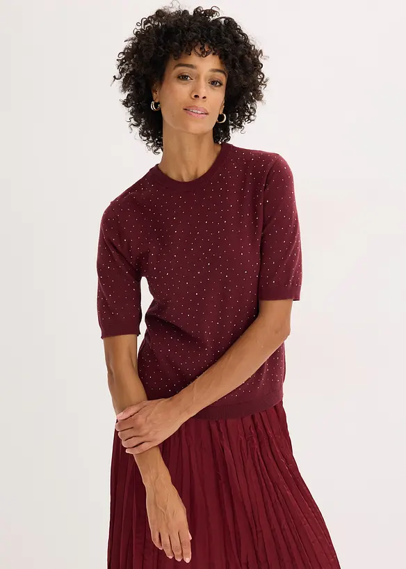 Pull manches coudes en fine maille avec strass, bonprix