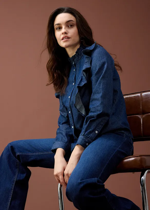 Chemisier en jean à volants, 100% coton, bonprix