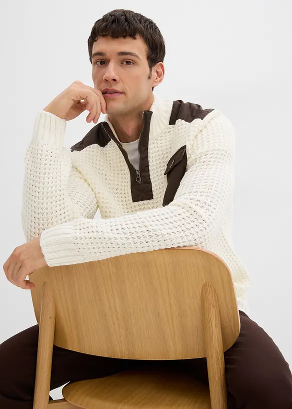 Pull camionneur en grosse maille avec empiècements en tissu, bonprix