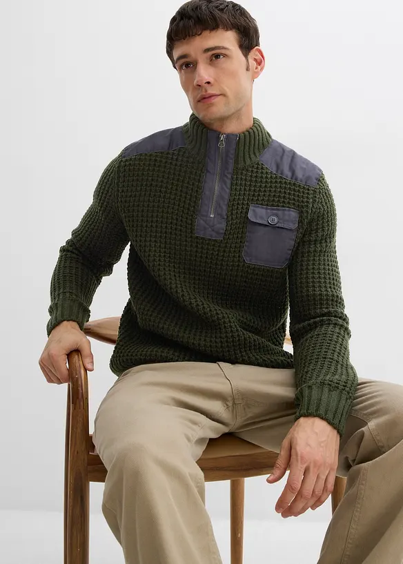 Pull camionneur en grosse maille avec empiècements en tissu, bonprix