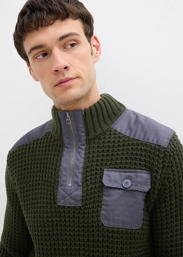 Pull camionneur en grosse maille avec empiècements en tissu, bonprix