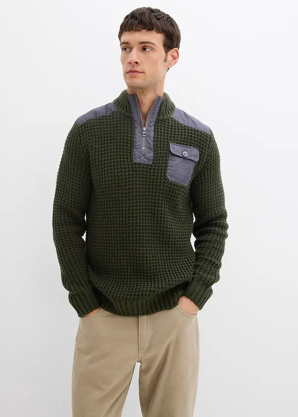 Pull camionneur en grosse maille avec empiècements en tissu, bonprix