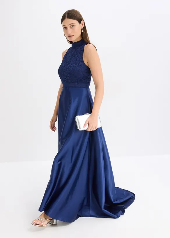 Robe longue en satin brillant et dentelle, bonprix