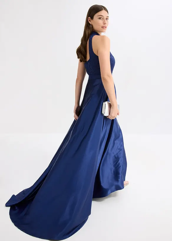 Robe longue en satin brillant et dentelle, bonprix