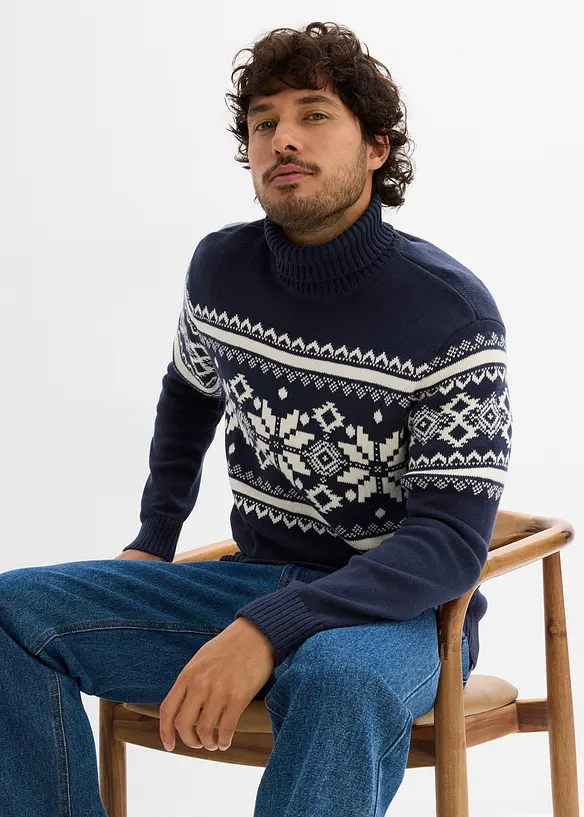 Pull col roulé à motif norvégien, 100% coton, bonprix