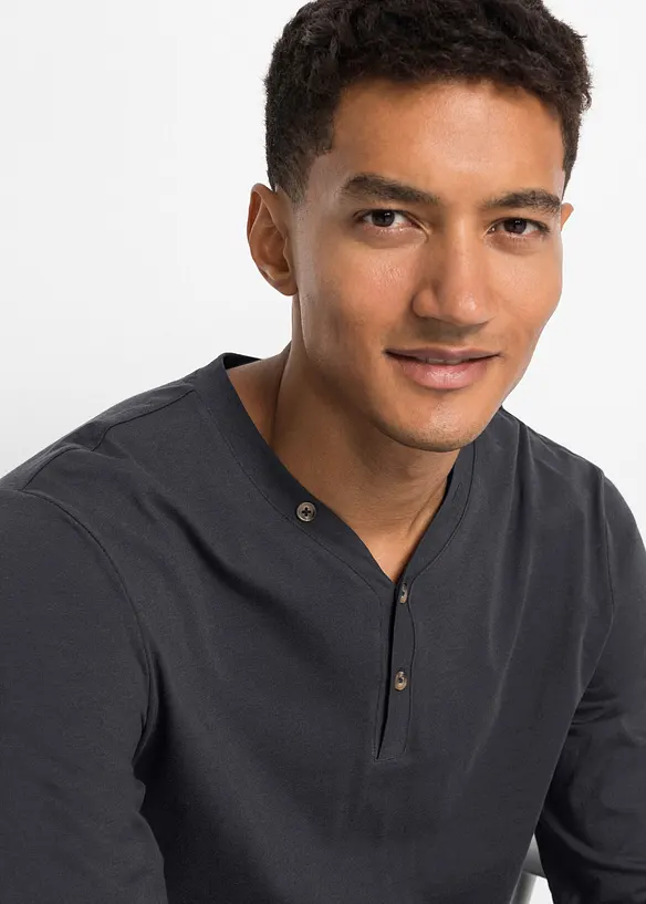 Lot de 2 T-shirts col tunisien manches longues, 100% coton, bonprix