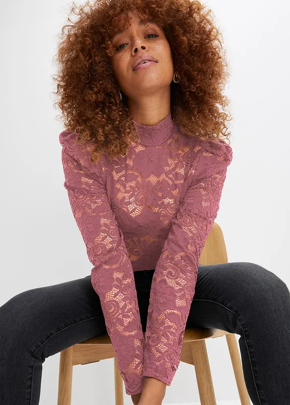 T-shirt manches longues cintré en dentelle, bonprix