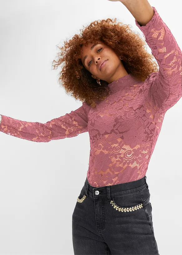 T-shirt manches longues cintré en dentelle, bonprix