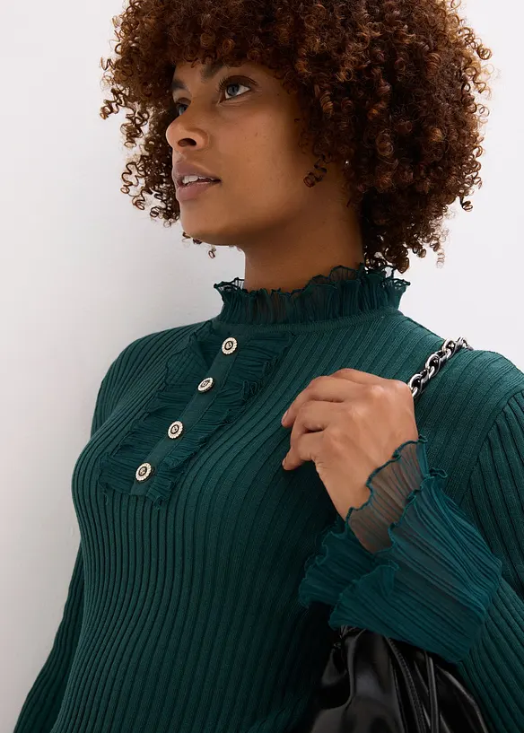 T-shirt manches longues en fine maille avec volants en mousseline, bonprix