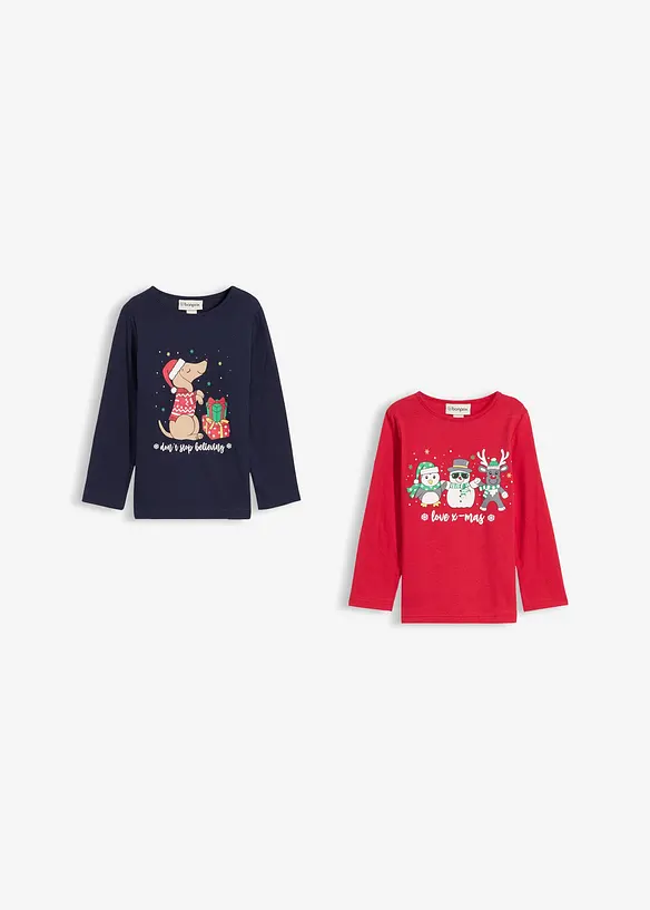 Lot de 2 T-shirts fille manches longues avec motif de Noël, bonprix
