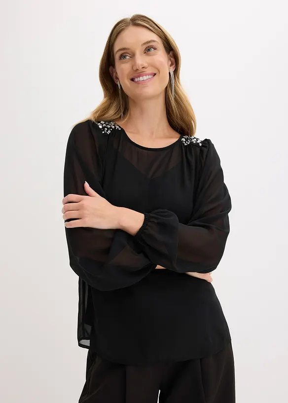 Blouse en mousseline avec strass sur les épaules, bonprix