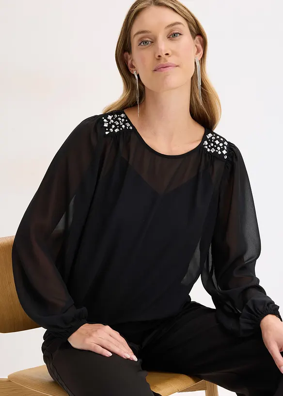 Blouse en mousseline avec strass sur les épaules, bonprix
