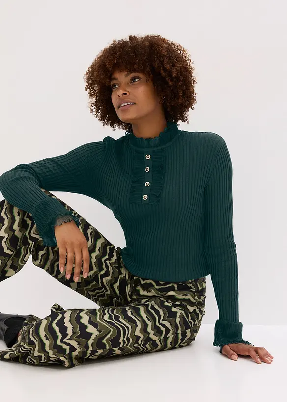 T-shirt manches longues en fine maille avec volants en mousseline, bonprix