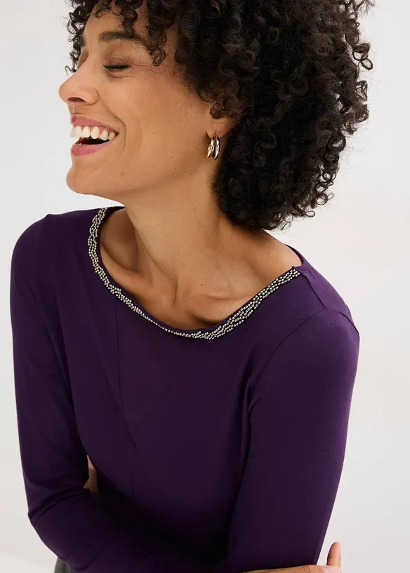 T-shirt manches longues avec empiècement mesh et strass, bonprix