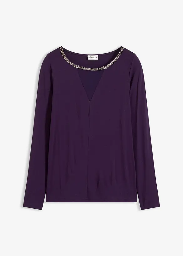 T-shirt manches longues avec empiècement mesh et strass, bonprix