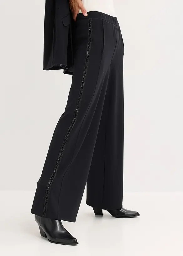 Pantalon en Punto di Roma avec taille élastiquée et strass, bonprix