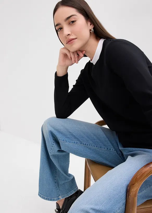 T-shirt manches longues en viscose mélangée, col cheminée contrastant, bonprix