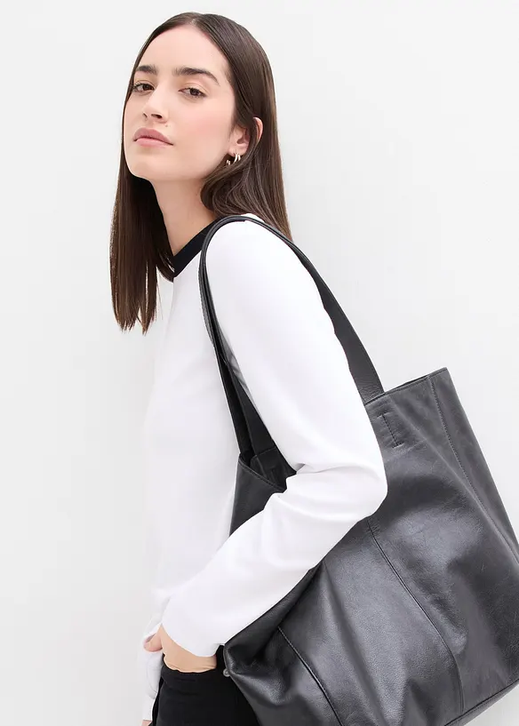 T-shirt manches longues en viscose mélangée, col cheminée contrastant, bonprix