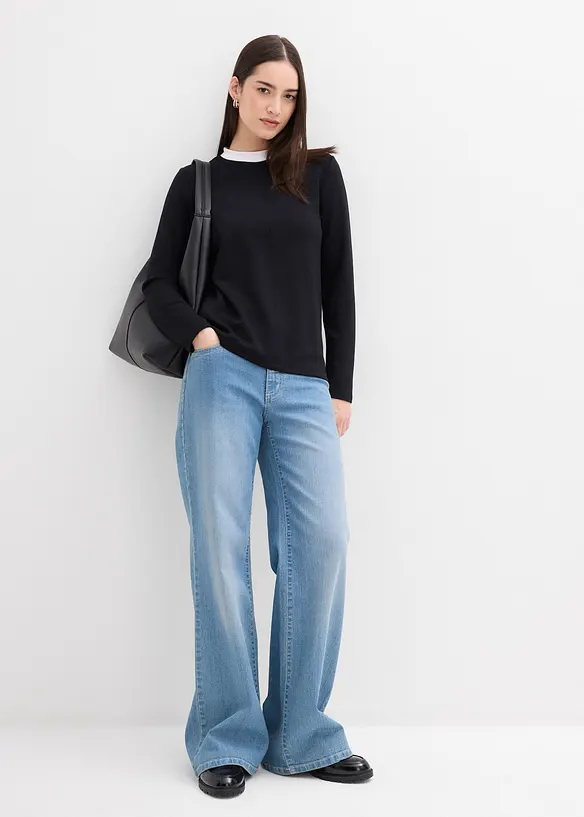 T-shirt manches longues en viscose mélangée, col cheminée contrastant, bonprix