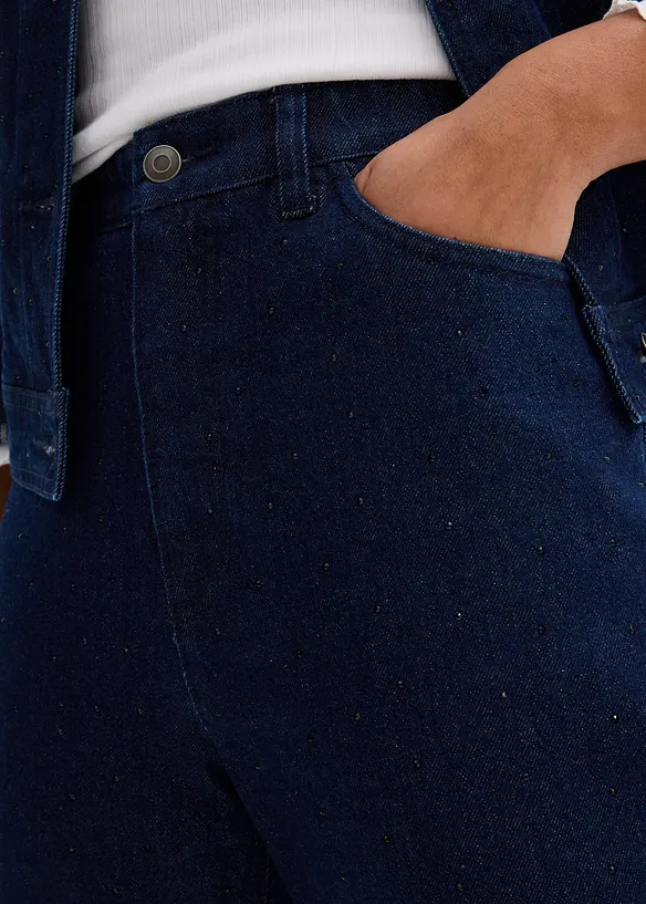 Jean droit loose, taille haute élastiquée avec strass, bonprix