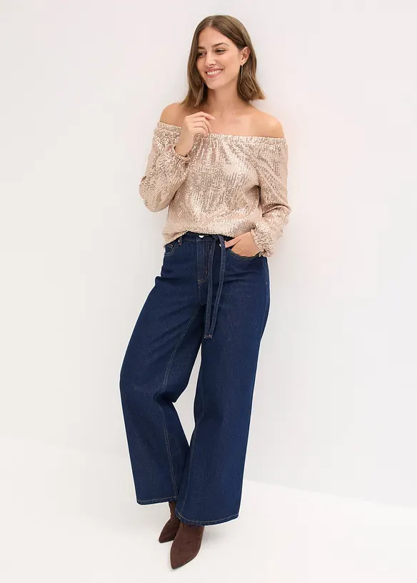 T-shirt oversize à sequins encolure Bardot, bonprix