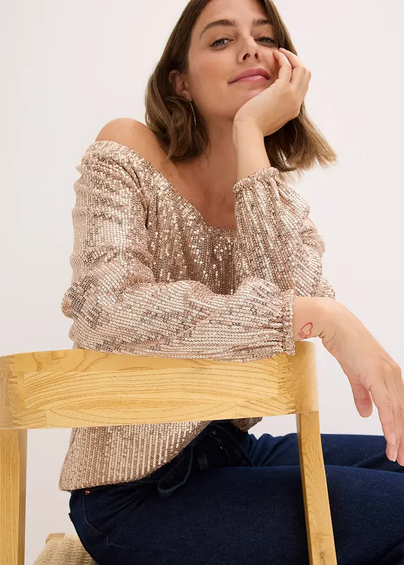 T-shirt oversize à sequins encolure Bardot, bonprix