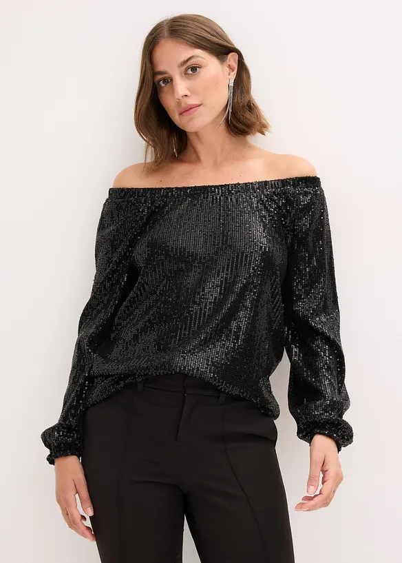 T-shirt oversize à sequins encolure Bardot, bonprix