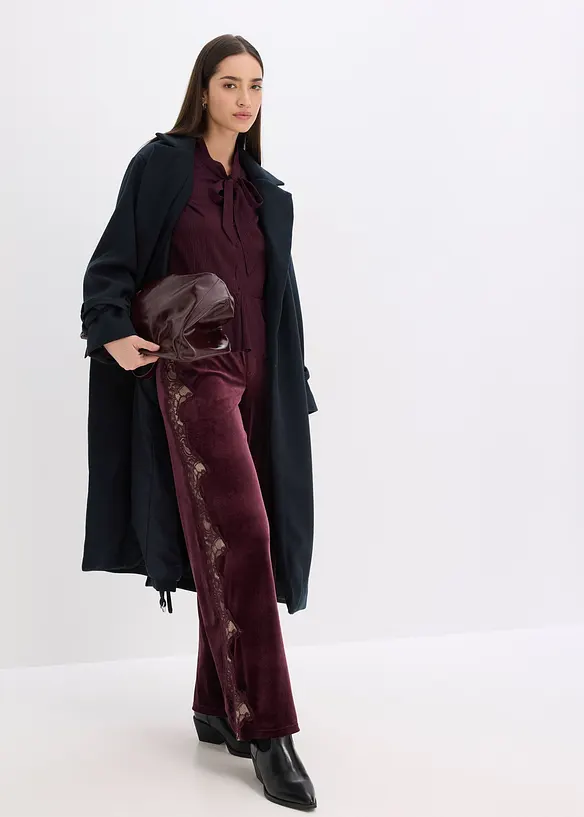 Pantalon large en velours doux avec empiècement dentelle, bonprix