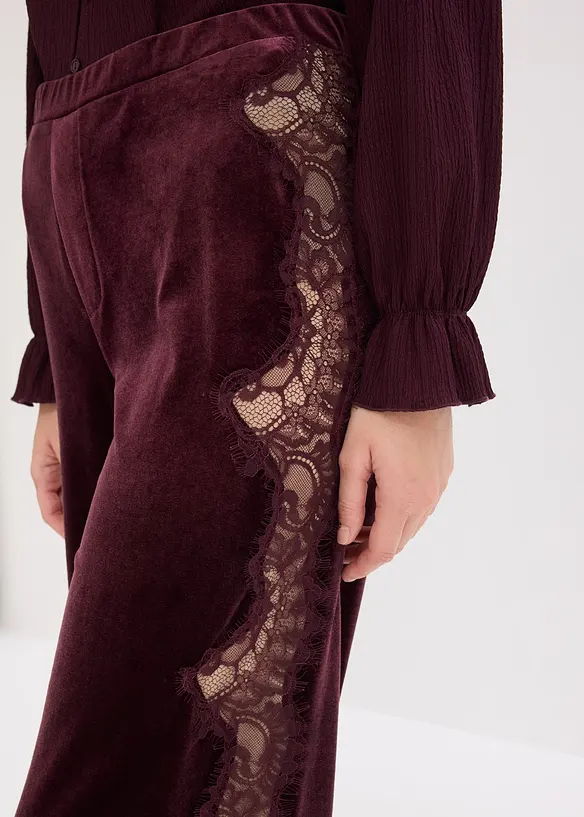 Pantalon large en velours doux avec empiècement dentelle, bonprix