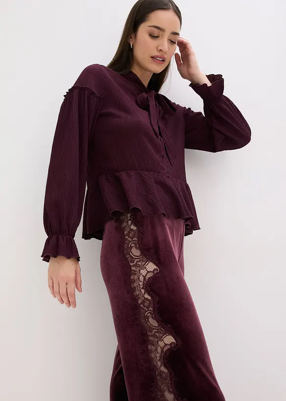 Pantalon large en velours doux avec empiècement dentelle, bonprix