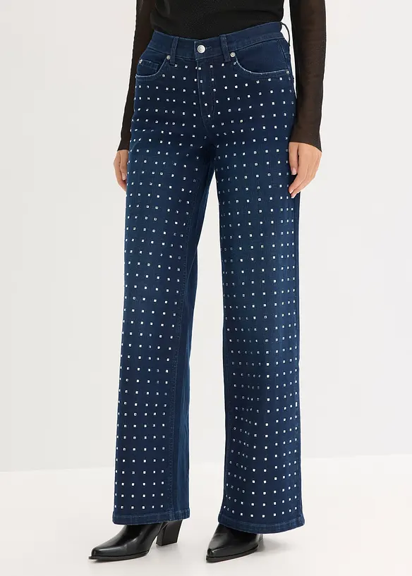 Jean droit loose avec application de strass, taille mi-haute, bonprix
