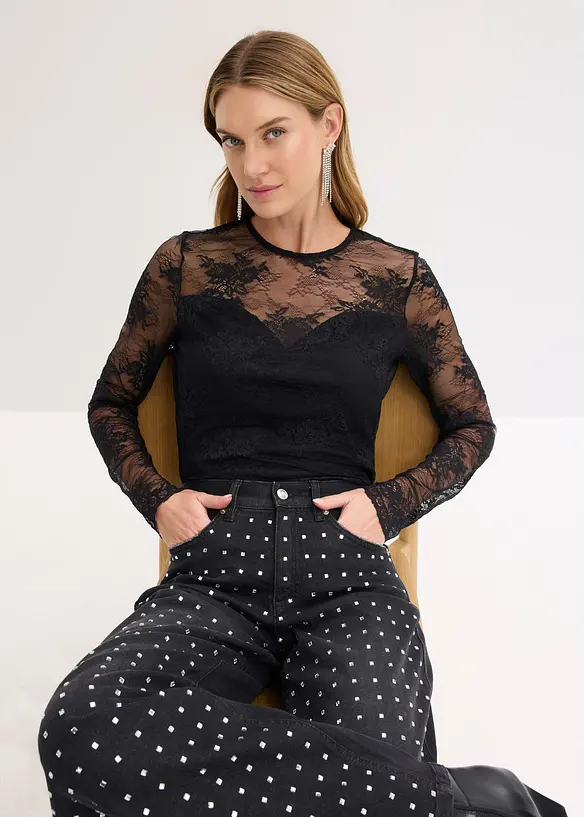 T-shirt manches longues en dentelle délicate, bonprix