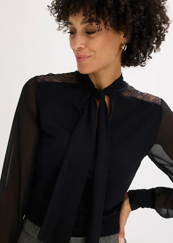 T-shirt manches longues avec dentelle et col lavallière, bonprix