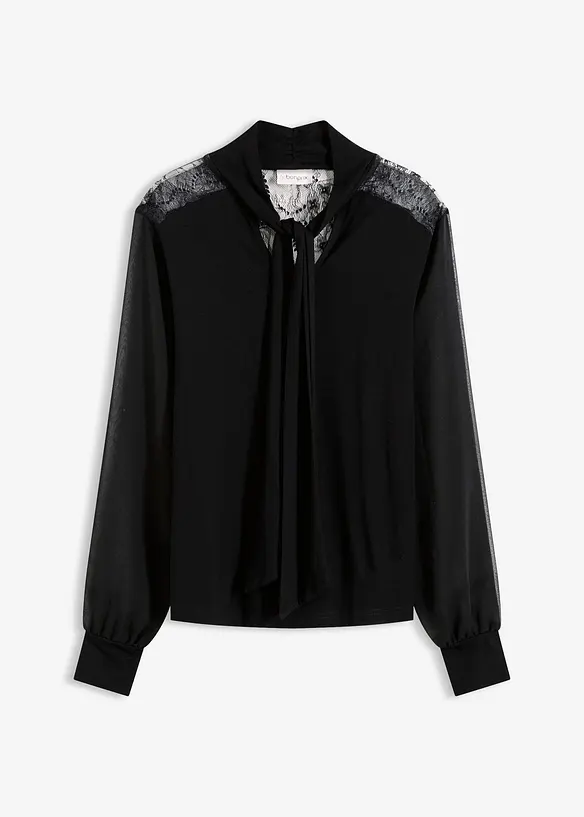 T-shirt manches longues avec dentelle et col lavallière, bonprix