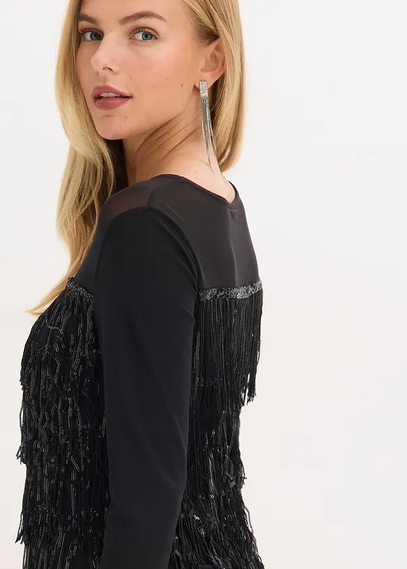 T-shirt manches longues à franges et sequins, bonprix