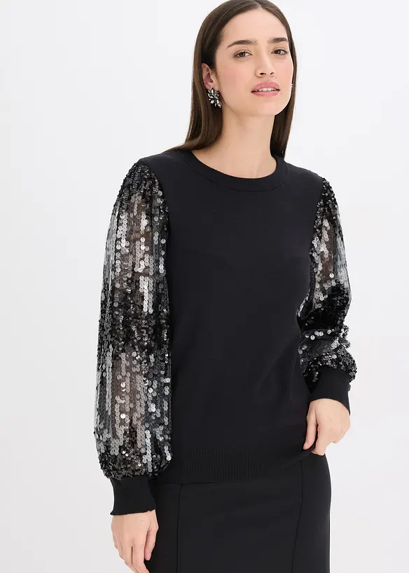 Pull en fine maille avec manches à sequins, bonprix