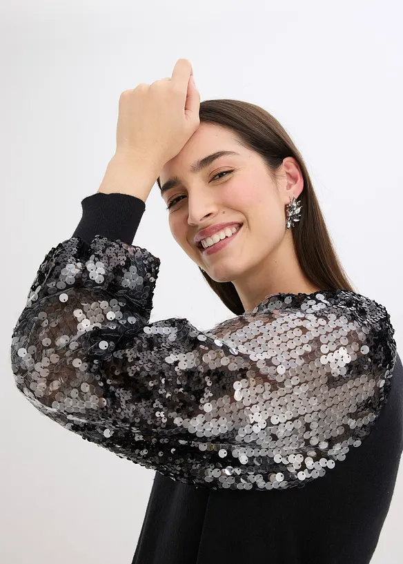 Pull en fine maille avec manches à sequins, bonprix