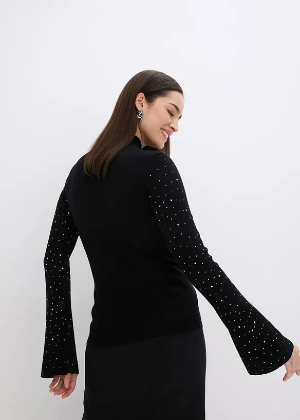 Pull en fine maille à manches trompette décorées de strass, bonprix