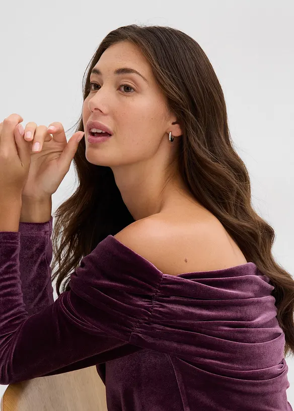 T-shirt à col Bardot en velours doux, bonprix