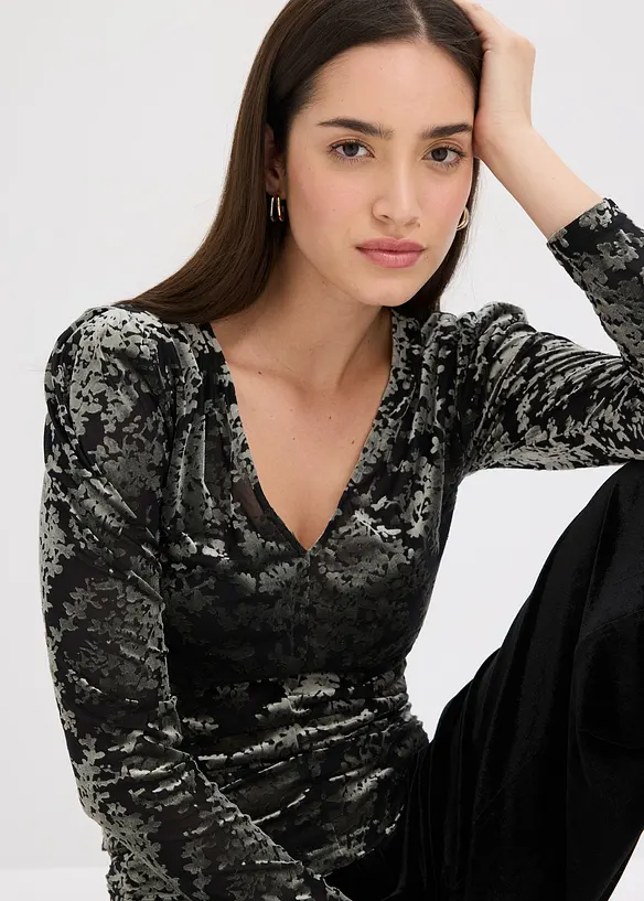 T-shirt manches longues en velours d&eacute;vor&eacute;, bonprix