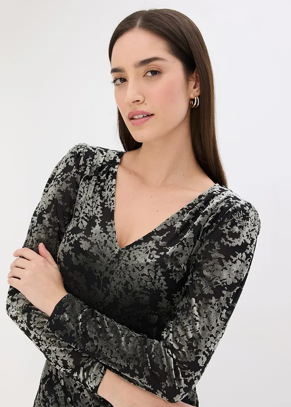 T-shirt manches longues en velours d&eacute;vor&eacute;, bonprix