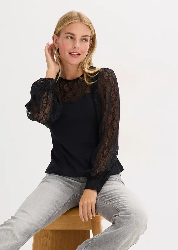 T-shirt manches longues à dentelle, bonprix