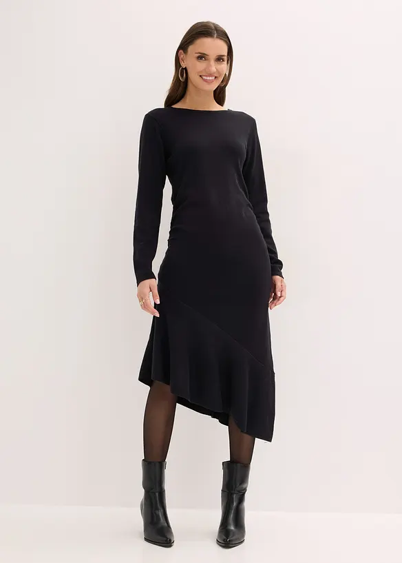 Robe en maille asym&eacute;trique en coton et cachemire, bonprix