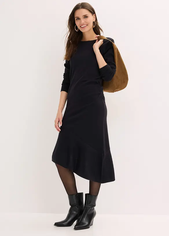 Robe en maille asym&eacute;trique en coton et cachemire, bonprix