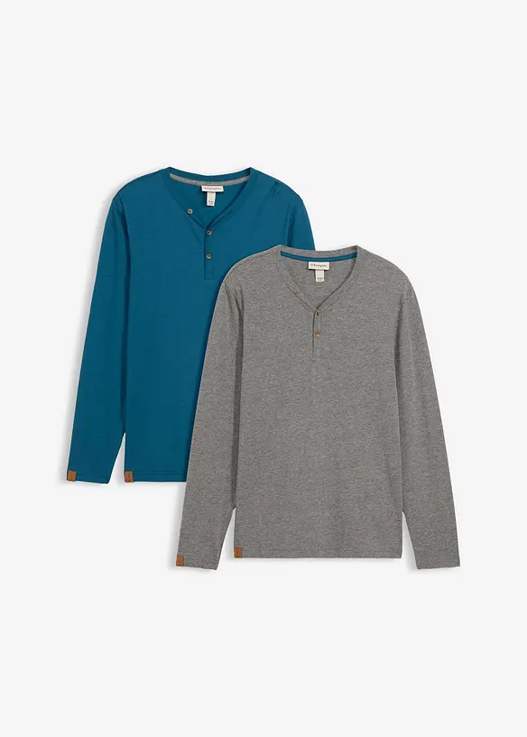 Lot de 2 T-shirts col tunisien manches longues, 100% coton, bonprix