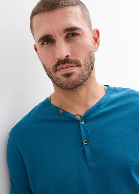 Lot de 2 T-shirts col tunisien manches longues, 100% coton, bonprix