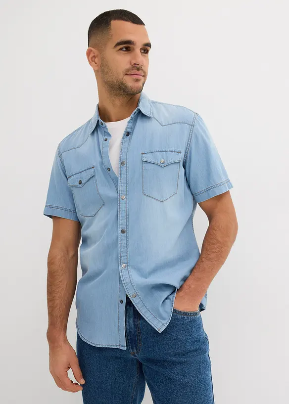 Chemise manches courtes slim en jean, 100% coton, bonprix
