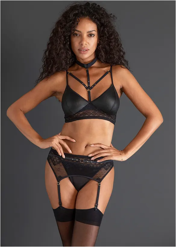 Brassi&egrave;re, string, porte-jarretelles wetlook (ens. 3 pces), bonprix