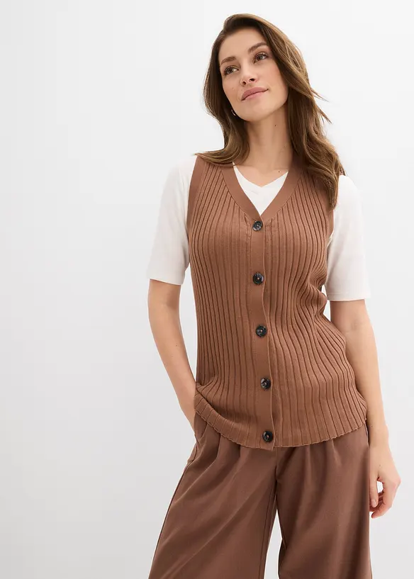 Gilet sans manches en maille c&ocirc;tel&eacute;e, bonprix