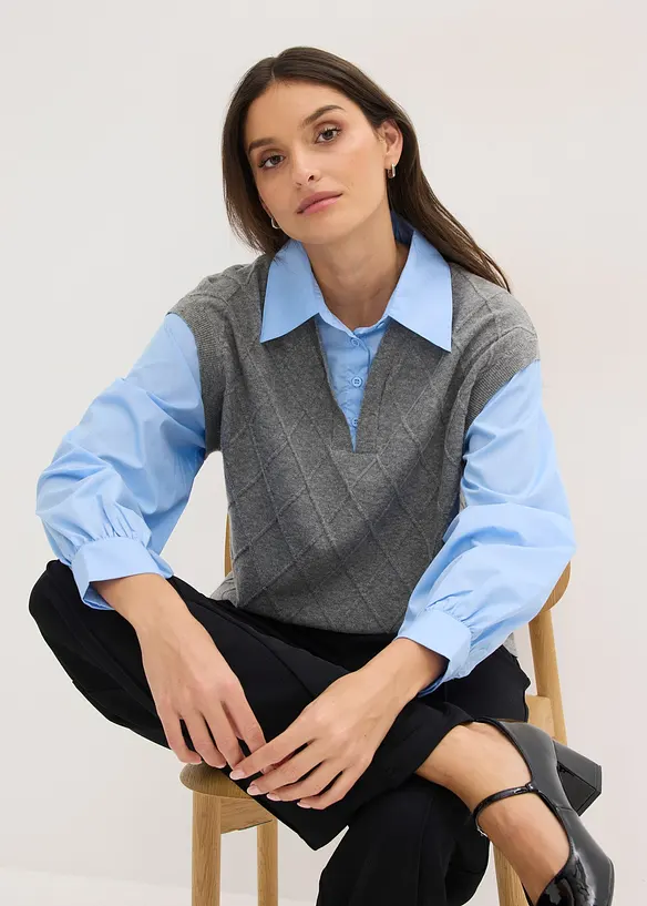 Pull sans manches &agrave; empi&egrave;cement chemisier en coton, bonprix